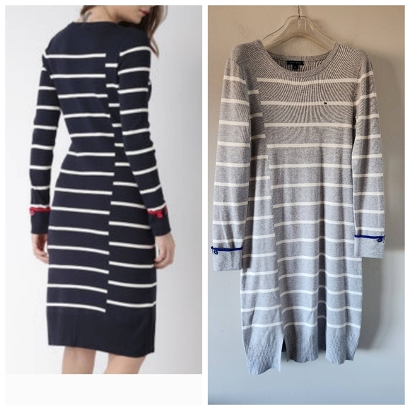 TOMMY HILFIGER | Striped Sweater Dress Nautical Slit Gray Sz MEDIUM - Picture 1 of 7